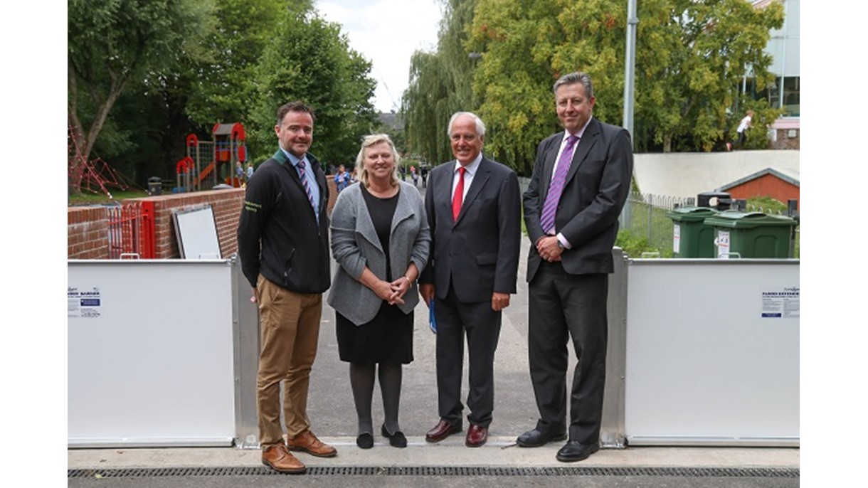 L-R: Flood defence team leader Wesley Jones from the EA, Leader of WCC Caroline Horrill, Leader of HCC Roy Perry, and Kevin Monaghen, Director of Estates & Facilites at the University of Southampton