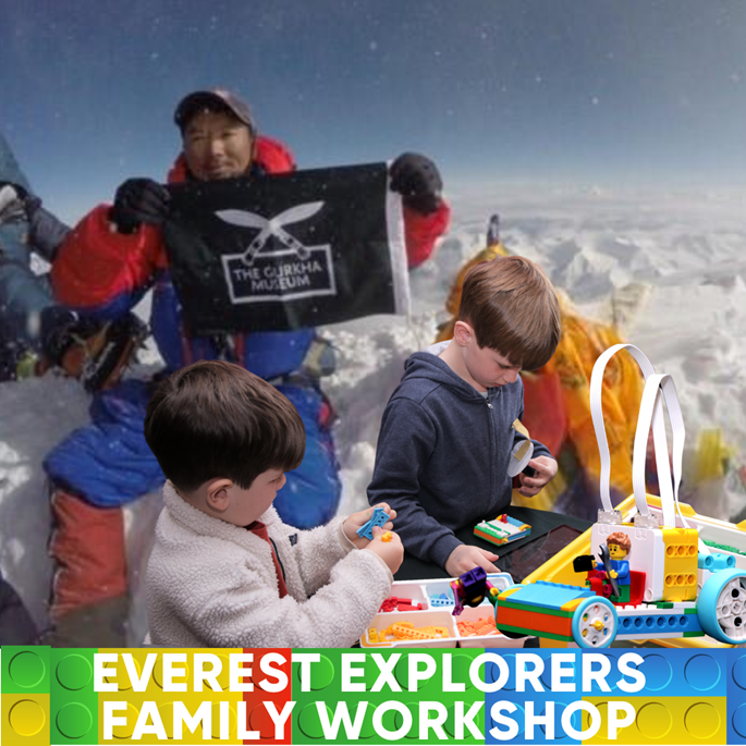 article thumb - Gurkha holding Museum flag on Everest and children playing with lego.